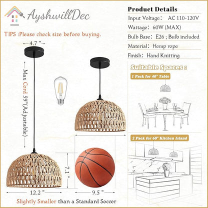 2 Pack Hemp Rope Woven Pendant Light Woven Light Fixture Boho Chandelier Light Fixture Wicker Pendant Lights Rattan Dome Wicker Chandelier for Dining Room Kitchen Island (Bulb Incl.