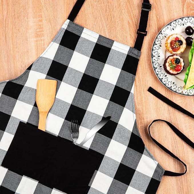 Jubatus 1 Pack Buffalo Check Apron with 2 Pockets Adjustable Bib Chef Kitchen Aprons for Men and Women, Black & White