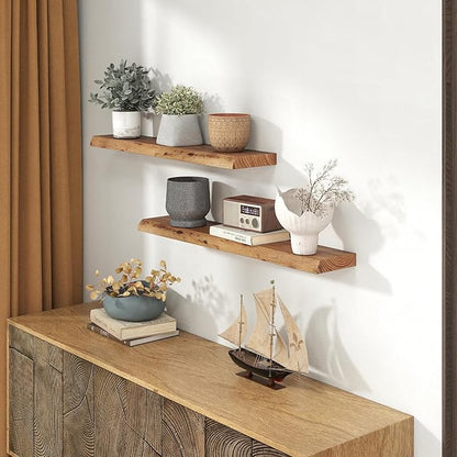 Live Edge Elm Wood Floating Shelves, 36 Inch Long Wall Shelves 2 Pack Shelf for Farmhouse Bedroom Bathroom Kitchen, Wall Mounted Wooden Shelf with Invisible Bracket for Books Decor, Natural