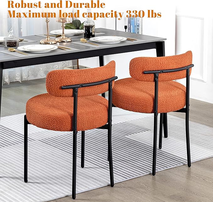 DYHOME Boucle Dining Chairs Set of 4, Upholstered Kitchen Dining Room Chairs, Side Chairs with Thick Cushions and Metal Legs for Kitchen Living Room, Orange
