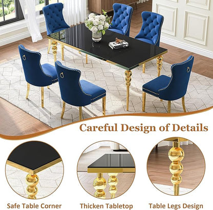 7 Piece Glass Dining Table Set, Modern 70 Inch Gold Rectangular Glass Kitchen Table, 6 Blue Exquisite Velvet Cushion Chairs for Living Room, Restaurant (Black-Top)