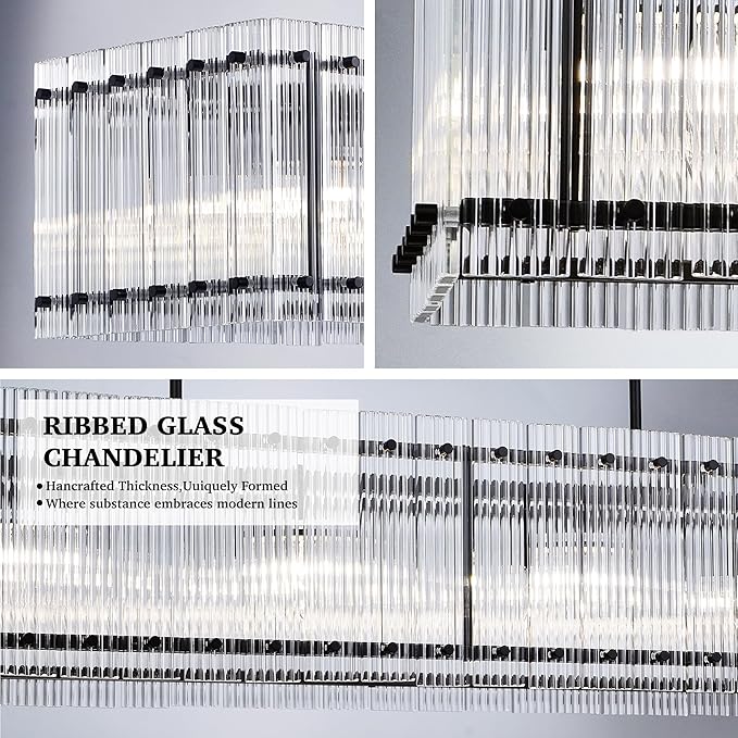 IKK Modern Rectangle Black Chandeliers for Dining Room, 40" Ribbed Glass Island Light Fixture, Linear Farmhouse Lighting with Adjustable Height for Kitchen Island, Living Room