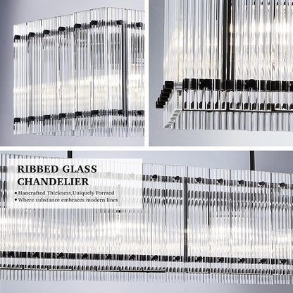 IKK Modern Rectangle Black Chandeliers for Dining Room, 40" Ribbed Glass Island Light Fixture, Linear Farmhouse Lighting with Adjustable Height for Kitchen Island, Living Room
