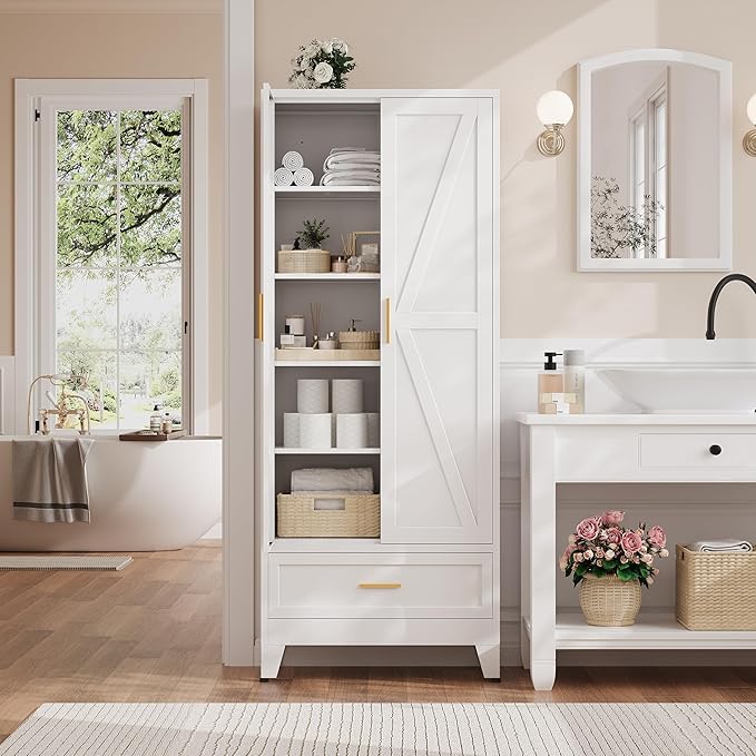 71“H Kitchen Pantry Cabinet with Drawers,Tall Kitchen Pantry Cabinets,Metal Food Storage Cabinets, White Pantry Cabinet with 4 Doors, Large Freestanding Cabinets for Dining Room, Living Room