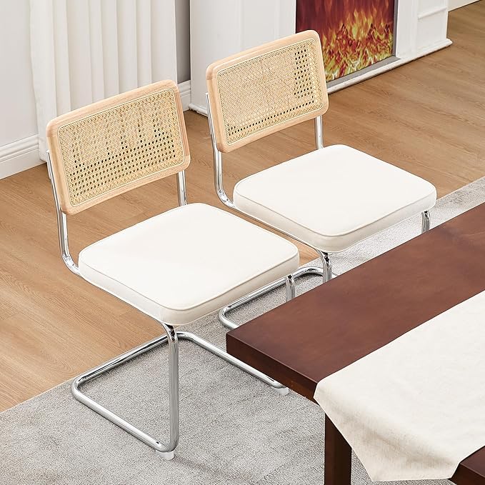Zesthouse Natural Rattan Dining Chairs Set of 2, White Cesca Chairs with Cane Mesh & Stainless Chrome Base, Mid Century Modern Dining Room Chair, Upholstered Linen Kitchen Chair with Solid Wood Back