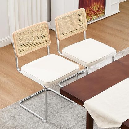 Zesthouse Natural Rattan Dining Chairs Set of 2, White Cesca Chairs with Cane Mesh & Stainless Chrome Base, Mid Century Modern Dining Room Chair, Upholstered Linen Kitchen Chair with Solid Wood Back