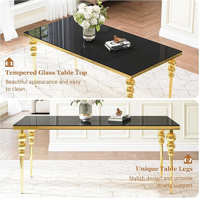 70 Inch Glass Dining Table for 6-8, Luxurious Rectangular Kitchen Table with Black Tempered Glass Top, Gold Stainless Steel Legs for Dining Room, Restaurant, Living Room