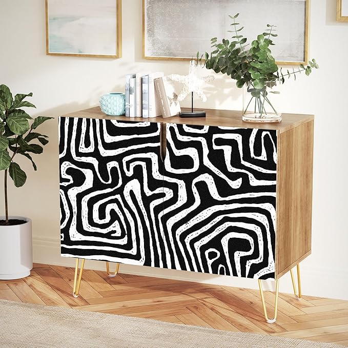 SIGNWIN Sideboard Buffet Cabinet, Kitchen Storage Cabinet with 2 Doors, Black & White Mid-Century Patterns, Cupboard Console Table for Dining Room - 35" L x 18" W x 29" H