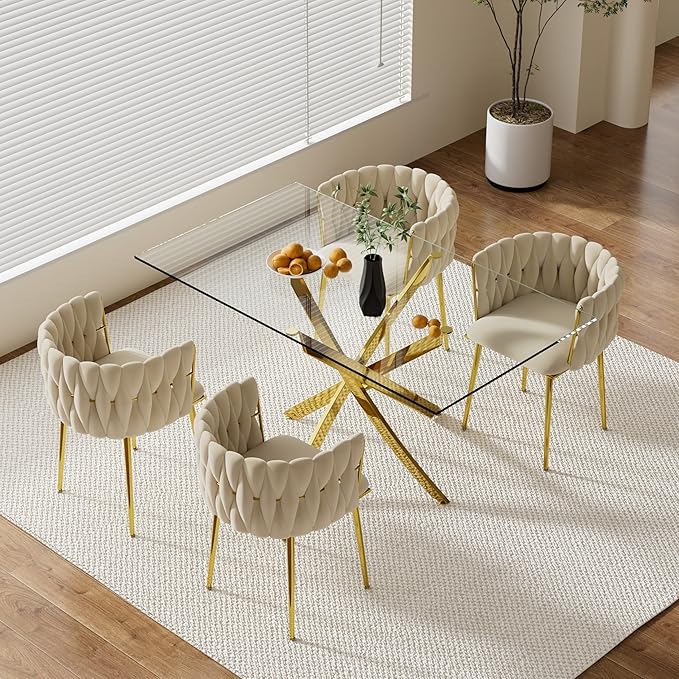 63" Glass Dining Table for 4-6, Contemporary Rectangular Dining Room Table with Tempered Glass Top & Gold Finish Stainless Steel Legs, Modern Large Dining Table for Home Kitchen