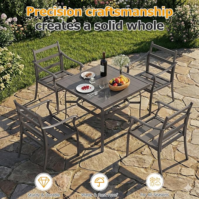 EROMMY 5-Piece Outdoor Patio Dining Set, 4 Metal Slat Chairs & Square Table with Umbrella Hole, All-Weather Patio Furniture for Backyard, Deck and Garden