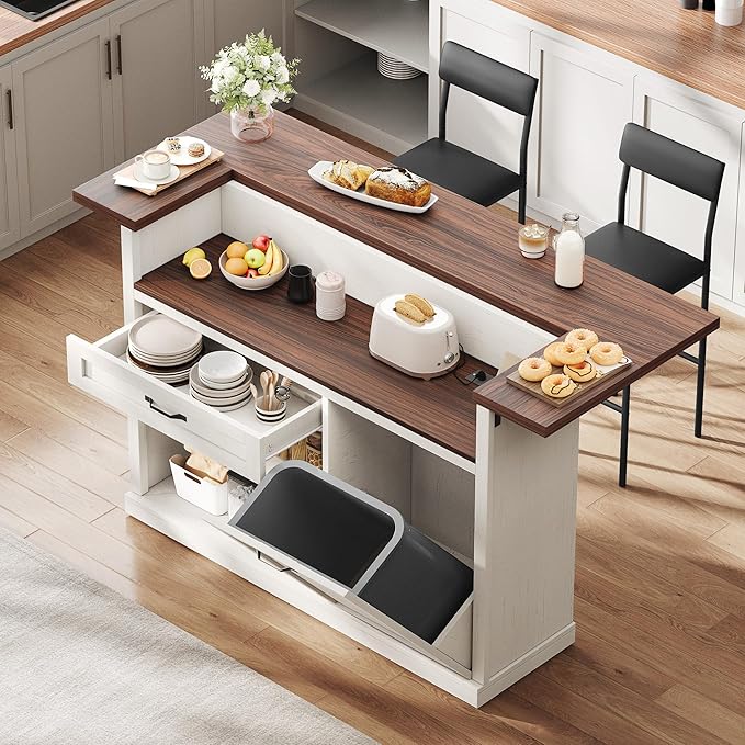Kitchen Island with Seating, Rolling Kitchen Islands with Storage, 55" W Large Island Table, Breakfast Bar Counter with Drop Leaf, Trash Can Cabinet, Power Outlet for Dining Room, Walnut