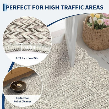 Imitation Braided Collection-Print Washable Rugs 10x13 Area Rug for Living Room Scalloped Bedroom Rug Soft Large Area Rug Non Slip Throw Rugs Stain Resistant Carpet for Nursery Dining Room