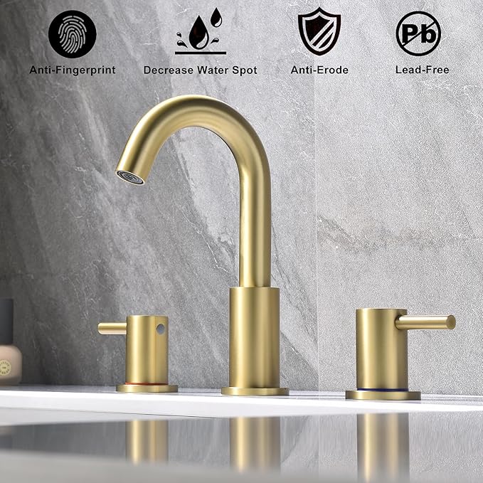 Brushed Gold Bathroom Faucet 3 Hole, 8 in Gold Widespread Bathroom Sink Faucet with Pop Up Drain and Supply Lines, Stainless Steel 2 Handle Gold Sink Faucet for Bathroom Vanity