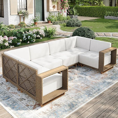 MIXPATIO Patio Sectional Furniture Set, 6 Piece U Shape Patio Couch Wicker Sofa, Yellow Rattan Modular Outdoor Conversation Set with 10" Extra Thick Cushions, Low Profile Deck Backyard Lawn Furniture