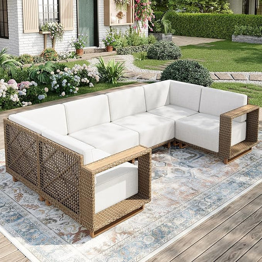 MIXPATIO Patio Sectional Furniture Set, 6 Piece U Shape Patio Couch Wicker Sofa, Yellow Rattan Modular Outdoor Conversation Set with 10" Extra Thick Cushions, Low Profile Deck Backyard Lawn Furniture