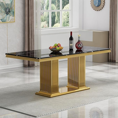 Henf Black Dining Table for 4 6, 68" Marble Dining Room Table with Gold Stainless Steel Double Pillar Base, Modern Kitchen & Dining Room Tables Rectangle Faux Marble Dinner Table for 4 6