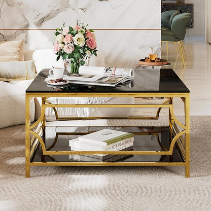 Harper & Bright Designs Square Glass Coffee Table in 33.5",Luxurious Geometric Metal Frame,Gold Finish & Lower Shelf