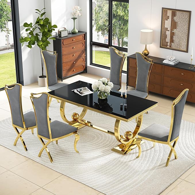 7-Piece Modern Luxury Dining Table Set, 70" Black Tempered Glass Dining Table with Gold Polished Stainless Steel U-Shaped Pedestal Base, 6 Gray Velvet X-Leg Dining Chairs, for Dining Room