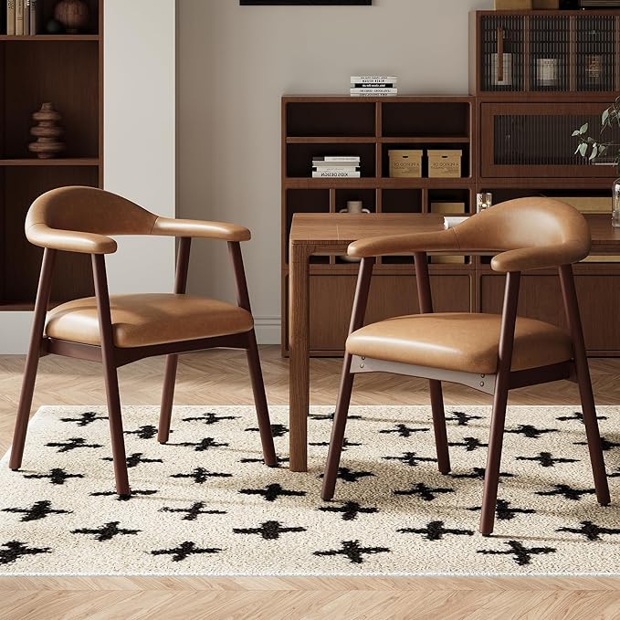 MALOL Leather Dining Chair with Armrest Set of 2, Upholstered Dining Room Chair with Curved Back and Wood Legs, Mid Century Modern Kitchen Chairs for Kitchen Dining Room,Brown