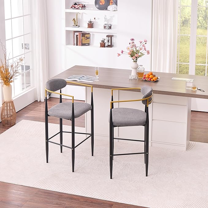 Modern Upholstered Accent Chair Set of 2 with Ergonomic Backrest,Gold Accented Armrests,Linen Fabric Seat,Black Metal Frame,Contemporary Seating for Dining Room,Kitchen Island (Grey,Bar Stool)