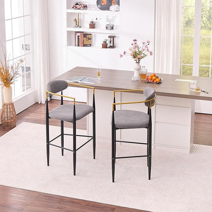Modern Upholstered Accent Chair Set of 2 with Gold Accented Armrests, Ergonomic Barrel Back, Padded Fabric Seat, Metal Frame for Dining Room, Kitchen Island, Counter, Office (Grey,Bar Stool)