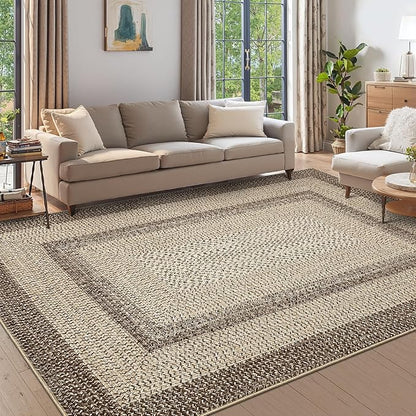 Imitation Braided Collection-Print Farmhouse Living Room Area Rug 8x10 Non-Slip Washable Rugs, Modern Large Carpet, Stain Resistant Ultra-Thin Foldable Floor Cover for Nursery Dining Room