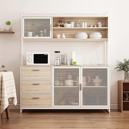 ECACAD Modern Wood Sideboard Buffet Storage Cabinet with Hutch, 3 Metal Mesh Doors, 3 Drawers & 5 Compartments, Kitchen Pantry Cupboard Console Table for Living Room, Dining Room, Light Oak