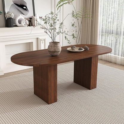 63" Water-Resistant Island Table, Rustic Dining Table with Wood Strip Base, Mid Century Dining Table with Spacious Oval Design for Home, Walnut