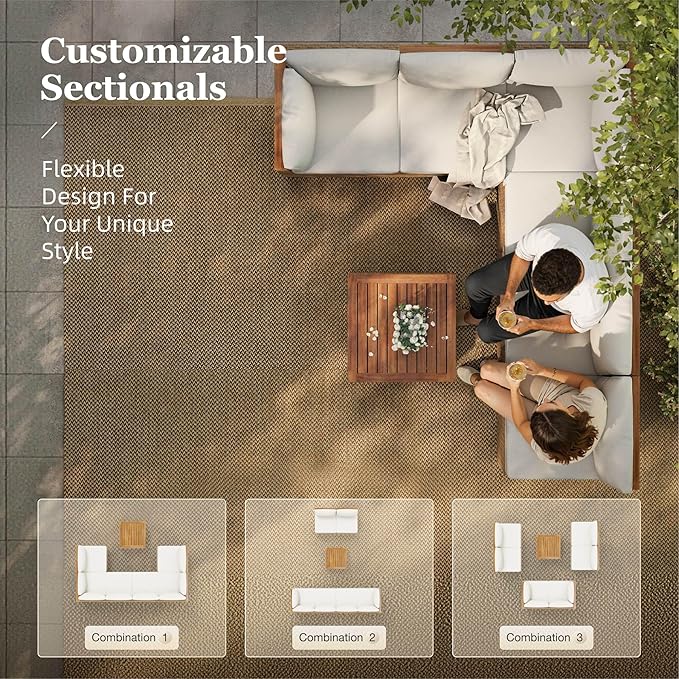 HERA'S HOUSE Wicker Patio Furniture Set, 5 Pieces Outdoor Sectional Sets with 6 Seats, Rattan Conversation Set with Sofa and Wood Coffee Table for Garden and Backyard, l Shape Boho Balcony Couch Set