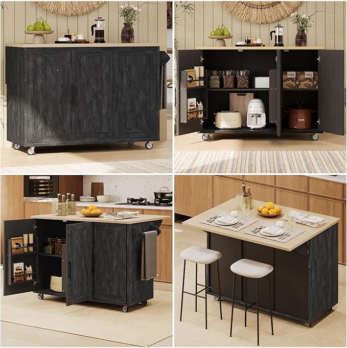 51.2"W Geometric Twill Stripe Textured Design Island with Drop Leaf, Farmhouse Kitchen Cart on Wheels with Internal Storage Rack, Rolling Kitchen Cart with Towel Rack (Black@044)