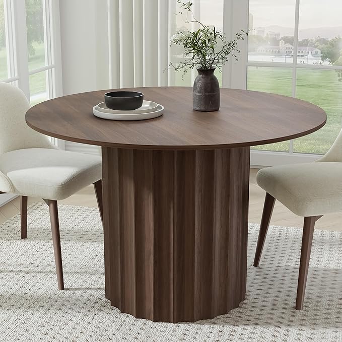 Casaphoria 46" Round Dining Table, Modern Wood Kitchen Table with Cylindrical Wide Bar Concave Base for Living Room & Dining Room, Easy Assembly Farmhouse Furniture for 4-6, Walnut