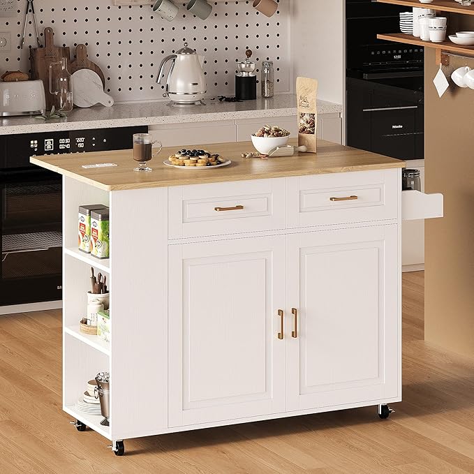 IRONCK Rolling Kitchen Island with Storage, Kitchen Cart Cabinet with Drop-Leaf & Charging Station Drawer & Shelves & Spice Rack 47" W x 30" D White
