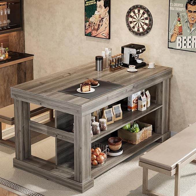 Tribesigns 55" Kitchen Island with Seating and Storage, 3-Tier Farmhouse Wood Stationary Island Table with Large Worktop & Leg Room, Coffee Bar Table with Storage Shelves for Kitchen, Grey