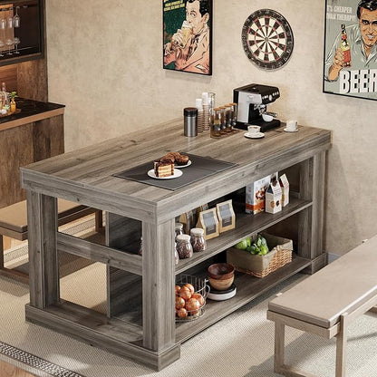 Tribesigns 55" Kitchen Island with Seating and Storage, 3-Tier Farmhouse Wood Stationary Island Table with Large Worktop & Leg Room, Coffee Bar Table with Storage Shelves for Kitchen, Grey