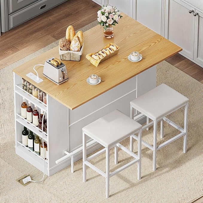YITAHOME Kitchen Island with Seating, 47 Inch Mobile Storage Island with Drop Leaf, Rolling Islands Table with Power Outlet & Spice Rack, 2 Upholstered Stools and Footrest, for Dining Room, White Oak