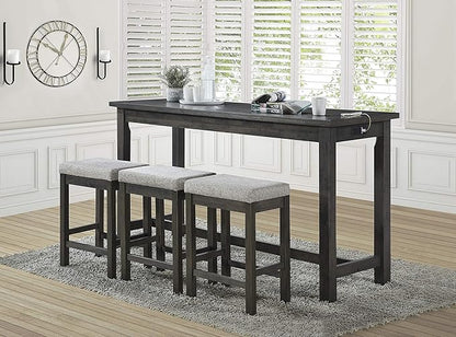 Lexicon Oreille Bar Table with Stools Set, Modern Console Table with Stools - 4-Piece Set with 2 USB Ports & A/C Power Outlets, Counter Height, Discrete Drawer, Perfect Dining Room & Kitchen Gray