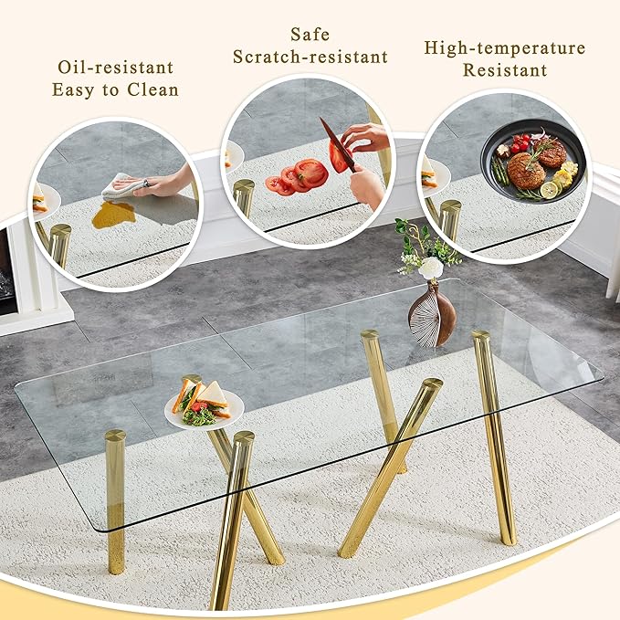 71" Glass Dining Table for 6-8, Modern Dining Room Table with 0.39" Tempered Glass Top and 6 Gold Metal Round Tube Legs, Rectangle Kitchen Dinner Table for Dining Room
