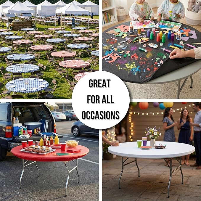 Kwik-Covers 10 Pack of Round Plastic Table Covers - 60" or 72" Round - Indoor or Outdoor Fitted Covers (Tables NOT Included) (Red Gingham, 72" Round)