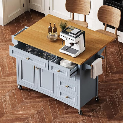 Kitchen Island with Drop Leaf, Embossed Texture Kitchen Island on Wheels with Spice Rack,Towel Rack, 2 Doors and 5 Drawers, Kitchen Storage Cart with Adjustable Shelf for Kitchen (Blue+Grey@093)