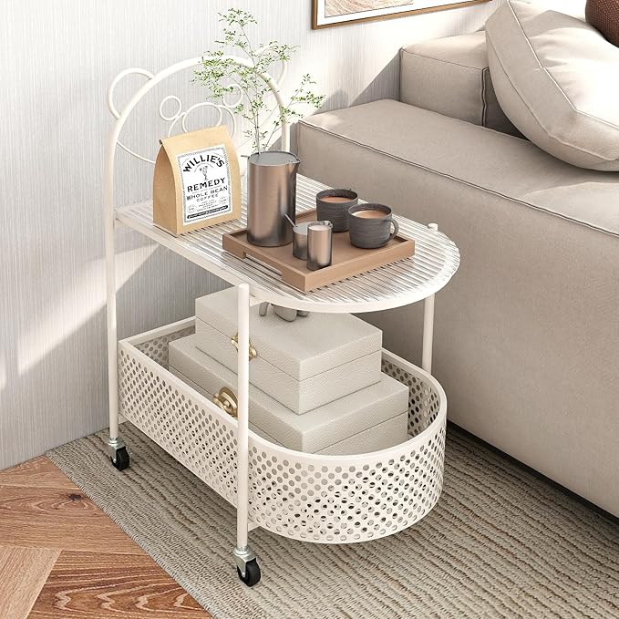 Giantex Mobile Glass Coffee Table, 2-Tier Modern Cocktail Table with Bear Pattern, Storage Basket & Metal Frame, Sofa Side Tea Table on Lockable Wheels, Center Table for Living Room, Bedroom (White)