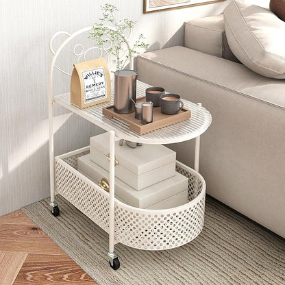 Giantex Mobile Glass Coffee Table, 2-Tier Modern Cocktail Table with Bear Pattern, Storage Basket & Metal Frame, Sofa Side Tea Table on Lockable Wheels, Center Table for Living Room, Bedroom (White)