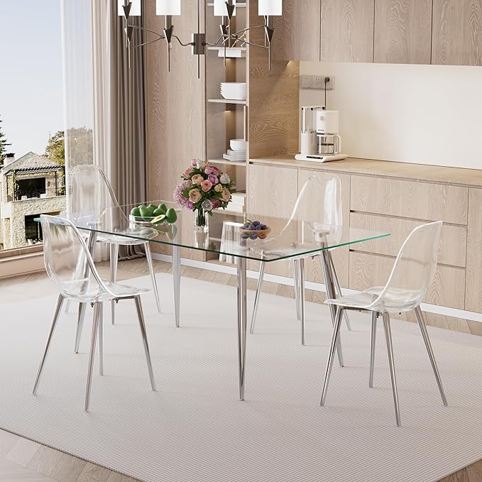 Baysitone Glass Dining Table for 4 with 63 inch Clear Tempered Glass Top, 0.31" Modern Rectangular Glass Kitchen Table Furniture with 4 Black Metal Legs for Home Kitchen Room