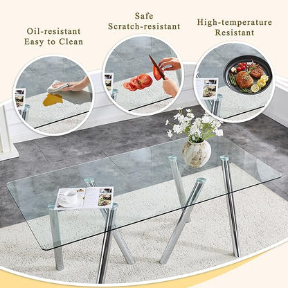 Glass Dining Table for 4 6 8 Pepole,71 Inch Rectangle Kitchen Dining Room Table with 0.39" Thick Tempered Glass Tabletop & Metal Legs, Modern Glass Top Silver Dinner Table for Dining Room