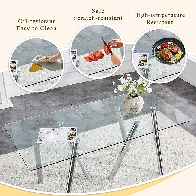 71" Glass Dining Table for 6-8, Modern Dining Room Table with 0.39" Tempered Glass Top and 6 Silver Metal Round Tube Legs, Rectangle Kitchen Dinner Table for Dining Room