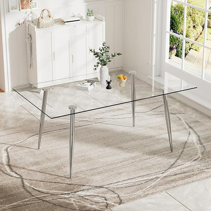 Baysitone Glass Dining Table for 4 with 63 inch Clear Tempered Glass Top, 0.31" Modern Rectangular Glass Kitchen Table Furniture with 4 Black Metal Legs for Home Kitchen Room