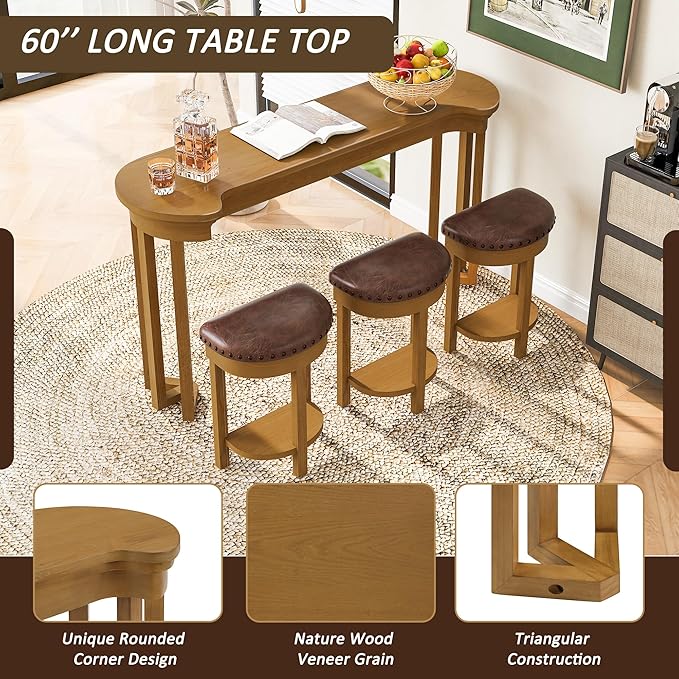 Bar Table and Chairs Set of 4 with 3 PU Upholstered Bar Stools, Breakfast Bar Table, Solid Wood Bar Height Dining Table Set, for Kitchen, Living Room, Party Room, Small Space (Natural)