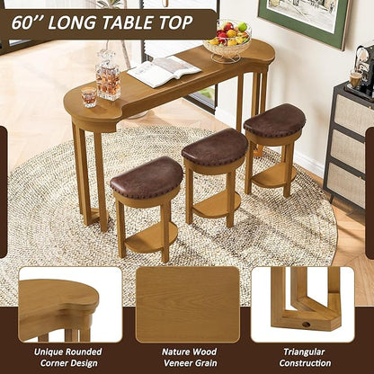 Bar Table and Chairs Set of 4 with 3 PU Upholstered Bar Stools, Breakfast Bar Table, Solid Wood Bar Height Dining Table Set, for Kitchen, Living Room, Party Room, Small Space (Natural)