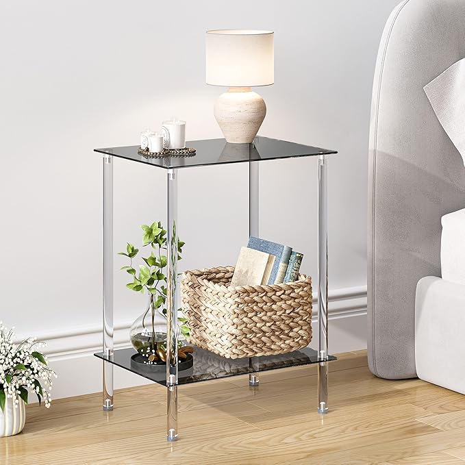 Tempered Glass Side Table, Acrylic End Table, 2-Tier Transparent Nightstand, Clear Coffee Table, for Small Spaces Living Room Bedroom Balcony Black LET518BK