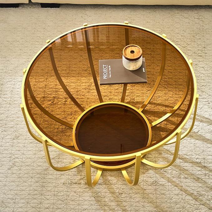 Saint Mossi 30" Glass Round Coffee Table for Living Room, Mid Century Modern 2-Tier Gold Drum Center Table, Brown Glass Top, Glass Shelf with Gold Finish Legs & Frame, W30xH16.5