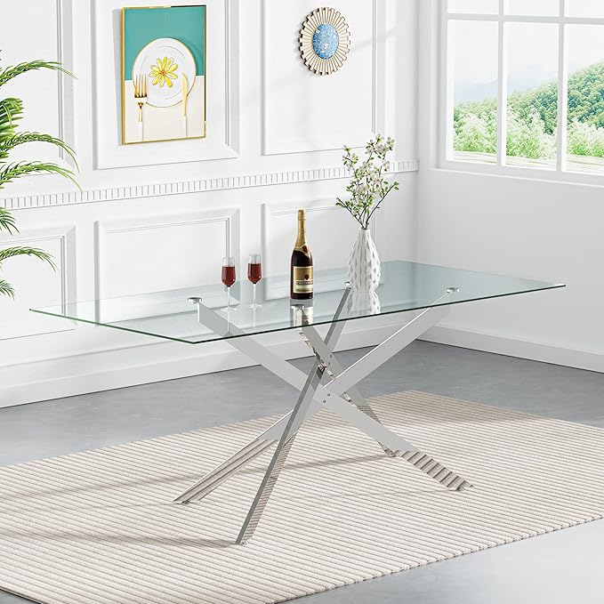 61" Glass Dining Table for 6, Modern Kitchen Dining Room Table with Rectangular Tempered Glass Top and X Metal Legs, Large Silver Glass Dinner Table for Kitchen
